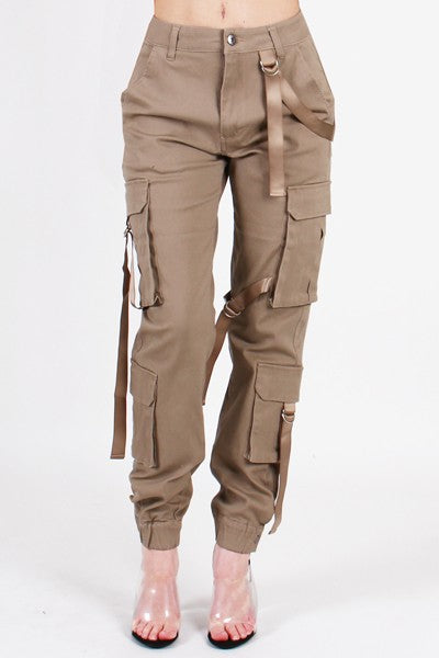 JOGGER STYLE CARGO PANT w/ NYLON STRAP DETAILING Tan – Kaitraphel