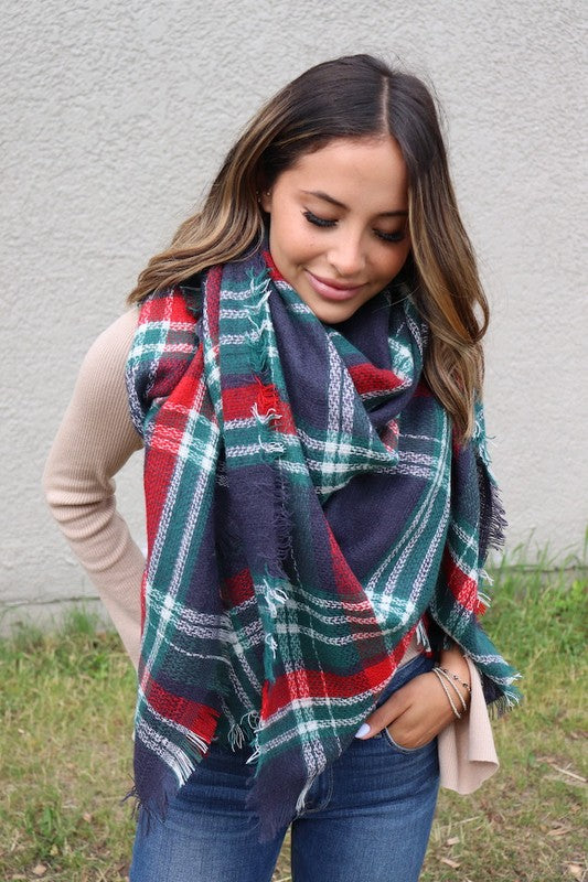 BLANKET SCARF Green + Red Plaid