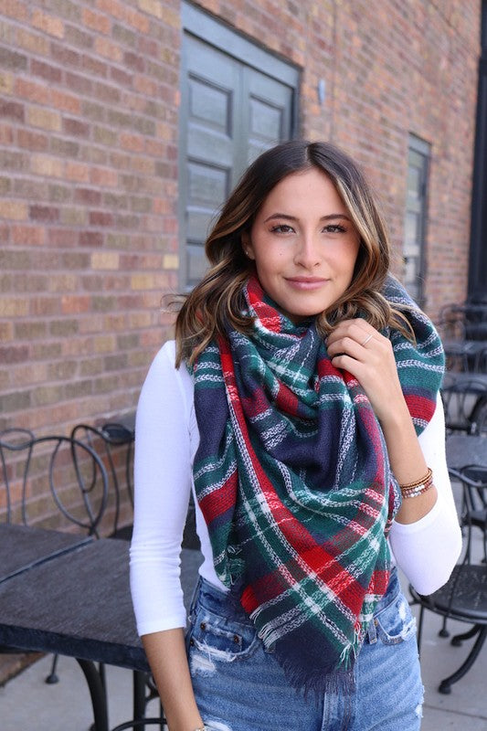 BLANKET SCARF Green + Red Plaid