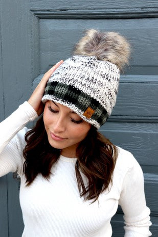 GREY + GREEN PLAID BEANIE POM POM