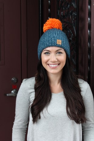 TEAL + ORANGE BEANIE POM POM