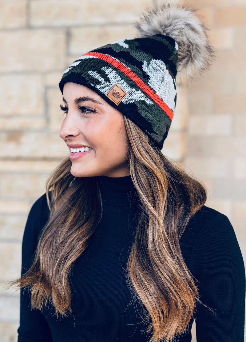 Green Camo + Orange Stripe Pom Pom Hat