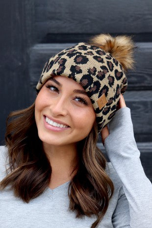 LEOPARD BEANIE POM POM