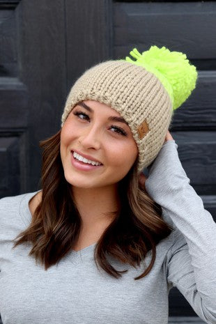 TAN + NEON GREEN BEANIE POM POM